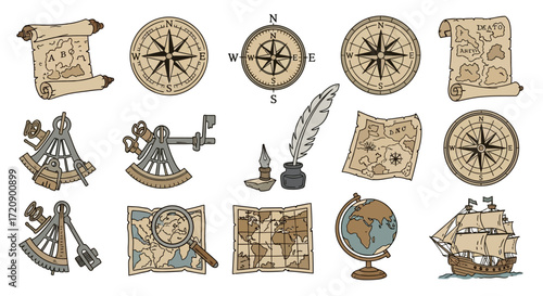Vintage Nautical Navigation Tools and Maps Collection - Compasses, Sextants, Globes, and Ships.