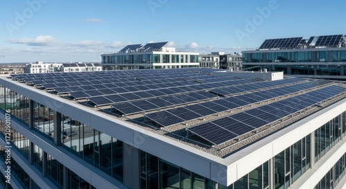 Solar panels installed on modern building rooftop for sustainable energy