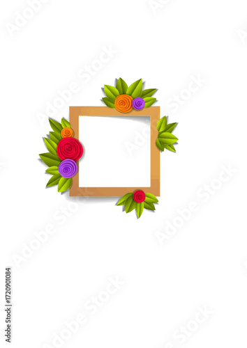 Background with flowers and leaves paper cut style, copy space for text, vector floral illustration. Wedding invitation or romantic greeting card.ai