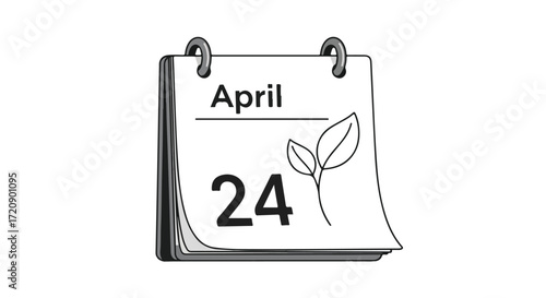 Stylized illustration of a tear-off calendar displaying April 24, adorned with a sprouting leaves, symbolizing growth and renewal in the spring season