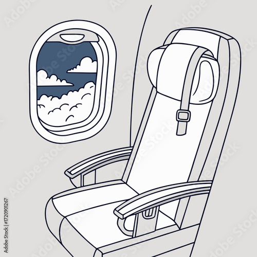 Airplane Seat Illustration – Passenger Plane Interior with Window View of Clouds, Travel and Aviation Vector Artwork