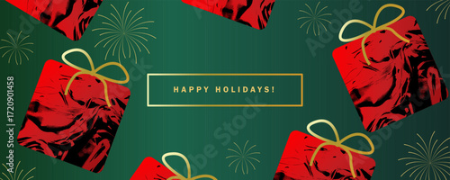 happy holiday template banner design with New year giftbox icon, Christmas or new year holiday banner for social media post, website banner design or marketing material