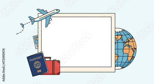 Cartoon image featuring an airplane passport suitcase globe and a blank frame for text or graphics