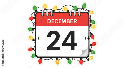 Festive December 24th: Holiday Calendar with Glowing String Lights Depicting Christmas Eve Anticipation