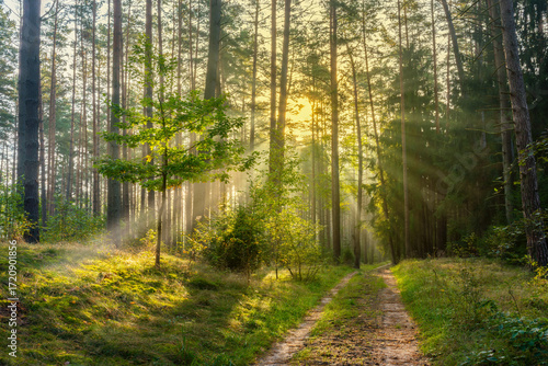 Fototapeta Naklejka Na Ścianę i Meble -  Mglisty poranek w lesie na Mazurach.