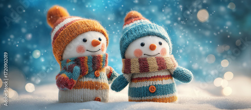 two cute snowmen in colorful hats and scarves, standing on the white snow with a pick background, 