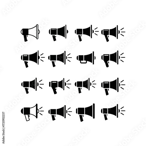 A collection of sixteen different black and white megaphone icons arranged in a grid pattern, each emitting sound waves.