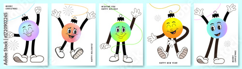 Christmas balls flat design character, Merry Christmas and Happy New Year greeting card design, Christmas banner design for website or social media post, marketing material template design