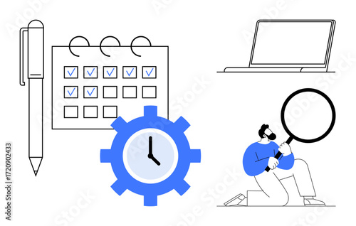 Pen with calendar grid and checkboxes, clock gear for time management, person kneeling with magnifying glass searching, simple laptop outline. Ideal for productivity, planning, research