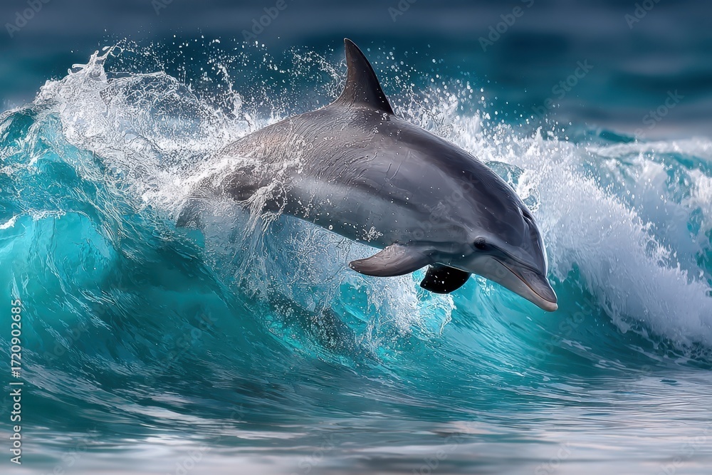 Naklejka premium Dolphin leaping over ocean wave, splashing water