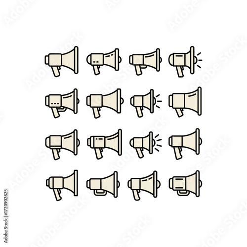 A diverse collection of sixteen flat design megaphone icons, illustrating various styles for communication and public address.