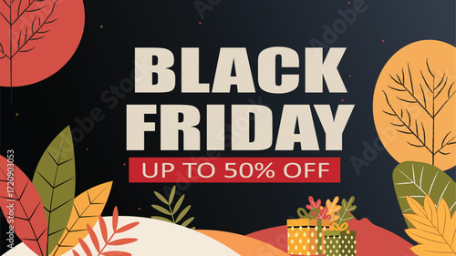 A festive Black Friday sale up to 50 percent off with autumnal decorations