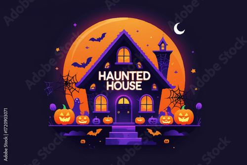 Haunted House Lettering Spooky yet Minimal Style, Glowing Orange and Purple Effect with Full Moon. Vector Illustration.