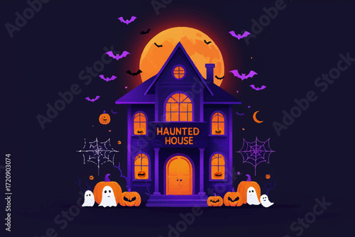 Dark Haunted House Lettering Spooky yet Minimal Style, Glowing Orange and Purple Effect. Vector Illustration.
