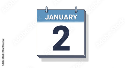 Stylized graphic depiction of a tear-off calendar marking the date January 2nd,isolated on a white backdrop, a visual representation of date awareness