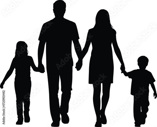 Silhouette of a family holding hands walking together with happiness