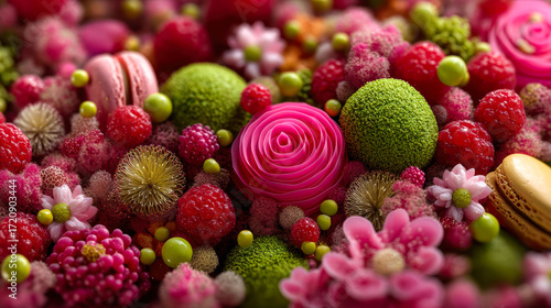 A bouquet of flowers and pastries with a pink and green color scheme. The flowers are arranged in a way that they look like they are blooming, and the pastries are scattered throughout the bouquet