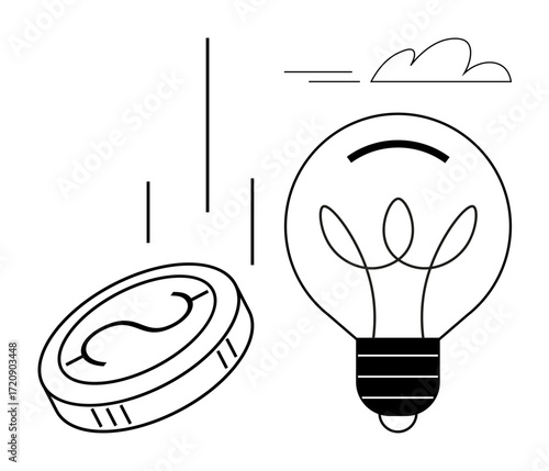 Coin paired with light bulb suggesting innovation, financial investment, and creative solutions. Ideal for entrepreneurship, finance growth, energy, innovation, economy, startups and creativity