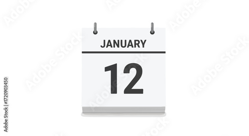 January Twelfth Reminder: Schedule Notification Indication on Calendar Page Illustration with Date Displayed in Black, Vector Design Element 2024
