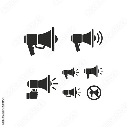Collection of megaphone icons; various angles, sound waves, and a mute symbol.