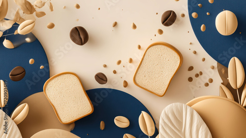 A close up of two slices of bread with a pile of nuts and coffee beans on top. The bread slices are placed on a blue background with a white border. Concept of indulgence and comfort