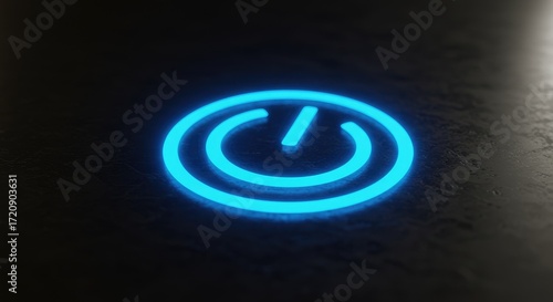 Glowing Blue Neon Power Button Symbol on Dark Textured Surface