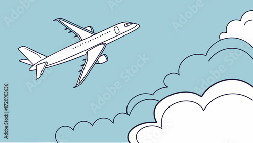 A stylized airplane soaring through the sky depicted with simple lines