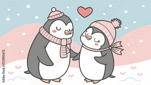 Adorable Cartoon Penguins in Winter Attire Expressing Affectionate Love