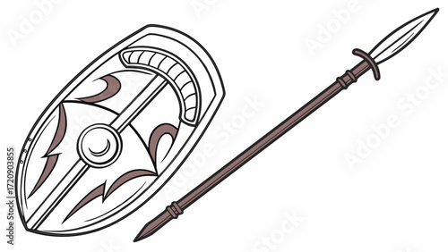 Detailed Illustration of a Shield and Spear Ancient Warfare Weapons