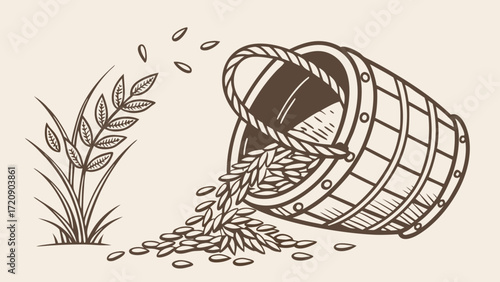 Detailed Illustration of Rice Plant Spilled Grains and Tipped Wooden Bucket
