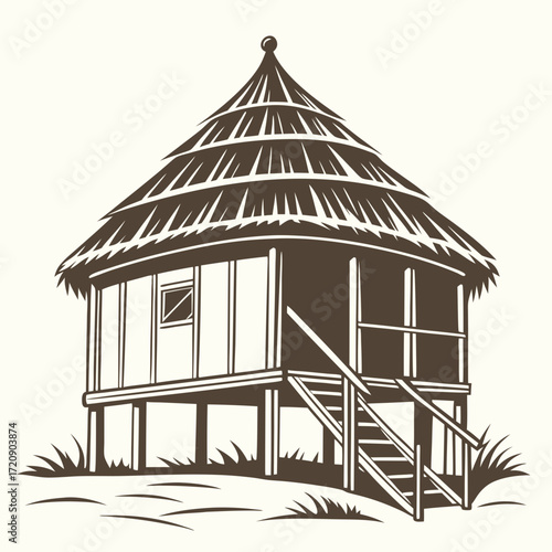 Detailed Illustration of a Traditional ThatchedRoof Hut with Staircase