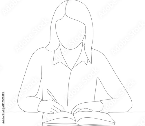Vector drawing of a woman reading a book with other people standing nearby