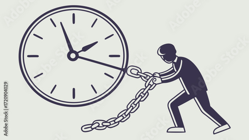 Man Struggles to Control Time Symbolized by Clock and Chain