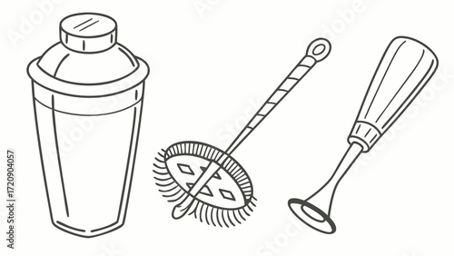 Outlined Cocktail Shaker Muddler and Bar Spoon Illustration on Transparent Background