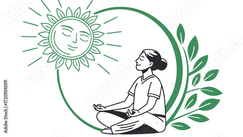 Serene Meditation Woman in Lotus Pose with Smiling Sun and Leafy Circle