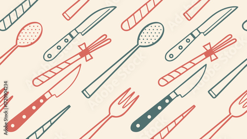 Whimsical Kitchen Utensil Pattern RetroStyle Knives Forks and Spoons in Teal and Coral