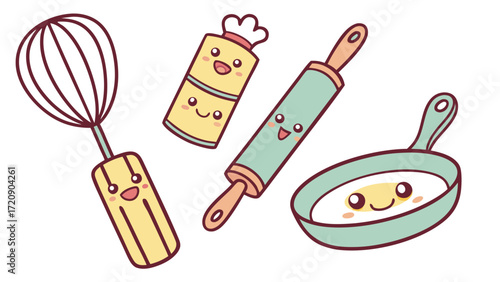 Whimsical Kitchen Utensils with Smiling Faces Ready for Baking Fun