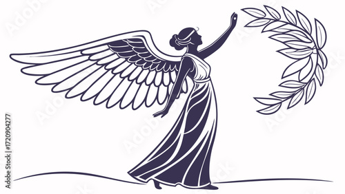 Winged Victory Goddess Reaching for Laurel Wreath Elegant Silhouette