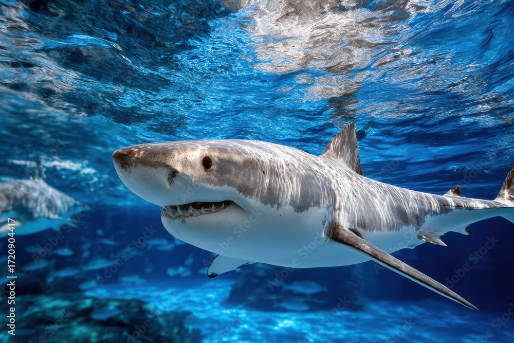 Naklejka premium Great White Shark Underwater with Blue Ocean Background