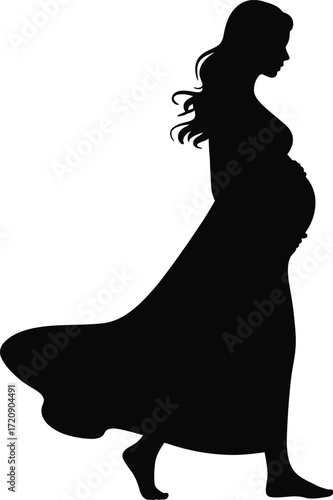 Silhouette of a Pregnant Woman Walking in a Flowing Gown Beauty