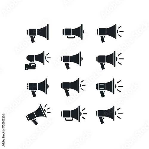 Collection of black megaphone icons in various orientations and with different visual elements.