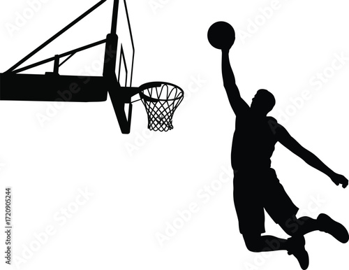 Silhouette of basketball player performing slam dunk in mid air vector