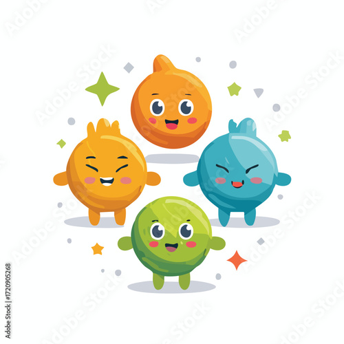 Charming Group of Cute Cartoon Characters with Playful Expressions and Sparkly Accents