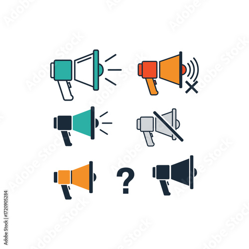Set of six megaphone icons illustrating communication concepts: sound, silence, question, and uncertainty.