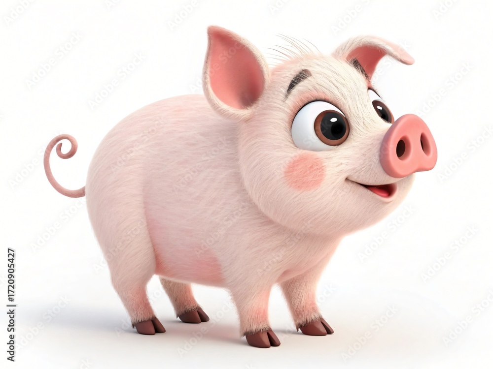 Naklejka premium Adorable Cartoon Piglet 3D Rendered Cute Pink Pig Happy Farm Animal Illustration