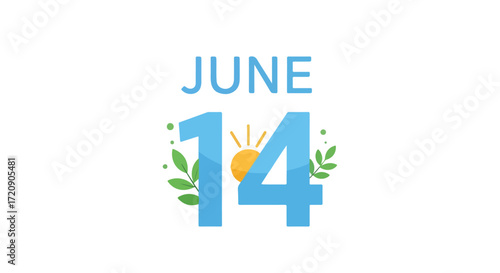 Delicate Reminder of June Fourteenth with Light Blue Numerals and Foliage Decorations and a Bright Sunlight Inside the Number Fourteen