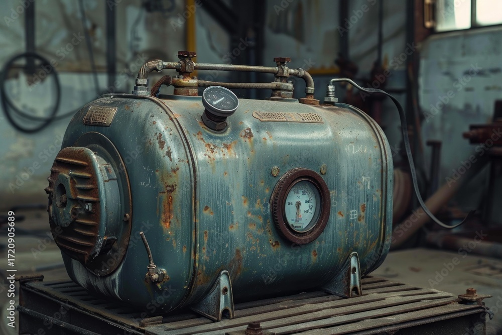 Fototapeta premium Rusty vintage machine with pressure gauges and pipes in an abandoned factory, showcasing decay and industrial history