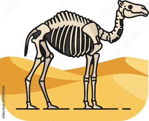 Camel skeleton in desert, perfect for spooky halloween designs, educational materials, or desertthemed projects needing a unique twist.