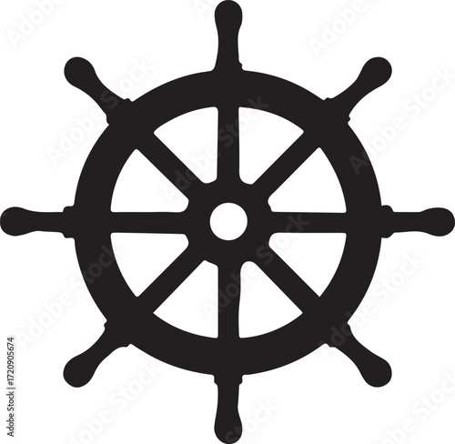 Black silhouette of a ship's steering wheel with eight spokes and a central hub ship wheel helm
