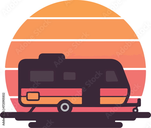 Dark rv camper silhouetted against a vibrant orange sunset sky, perfect for travel, adventure, camping, rv lifestyle, outdoor vacation concepts.